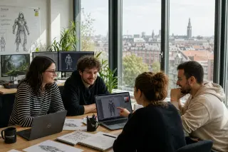 Young diverse team collaborating around a table in a bright, modern office with laptops, game sketches, and views of a northern French city outside the window.