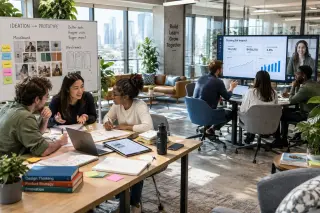 Two groups of young professionals in a bright co-working space, one brainstorming and prototyping, the other focusing on business growth in a modern, collaborative setting.