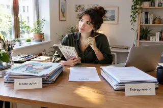 Creative professional in a modern office, dividing attention between illustration work and business paperwork, with natural light and organized workspace.